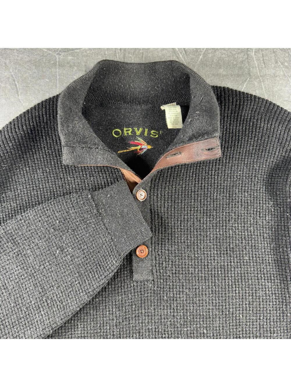 Orvis Sweater Men's L Black 100% Wool Quarter Button